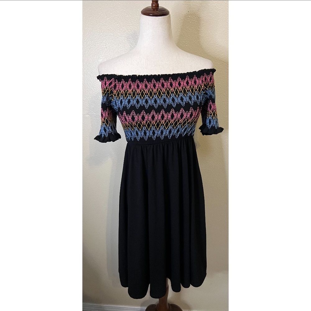 torrid Black Off-Shoulder Smocked Dress with Pink & Blue Pattern